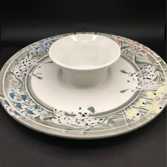 Hand-Painted Floral Chip & Dip Platter By Hellman & Hekel Pottery - Picture 1 of 7